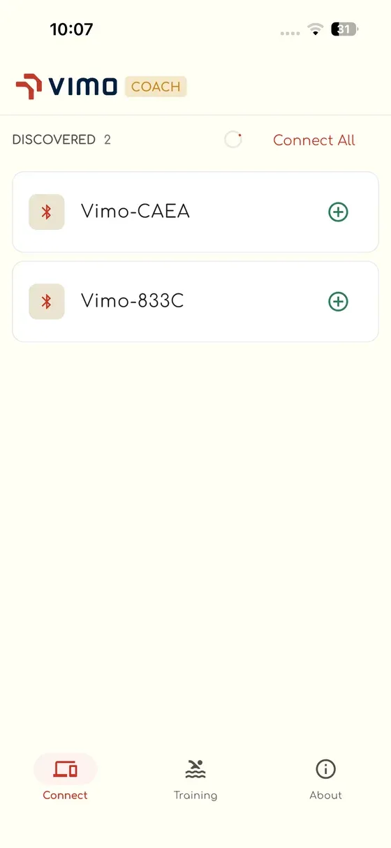Vimo Coach scanning the pool deck and listing every nearby Vimo device