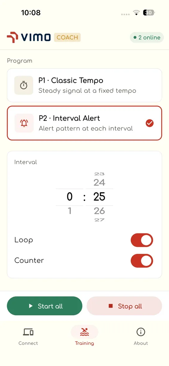 Vimo Coach program selection screen for switching the whole group between programs