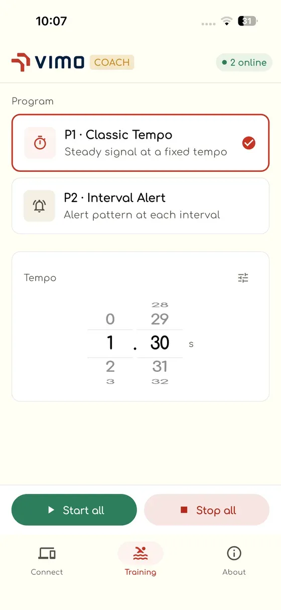 Vimo Coach tempo slider setting one shared tempo for the whole connected group