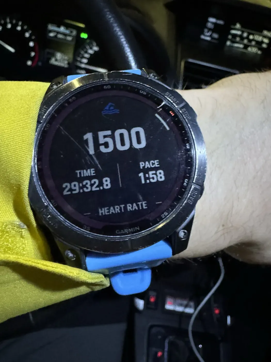 My Garmin right after a swim: 1,500 m in 29:32.8, still on the wrist in the car park