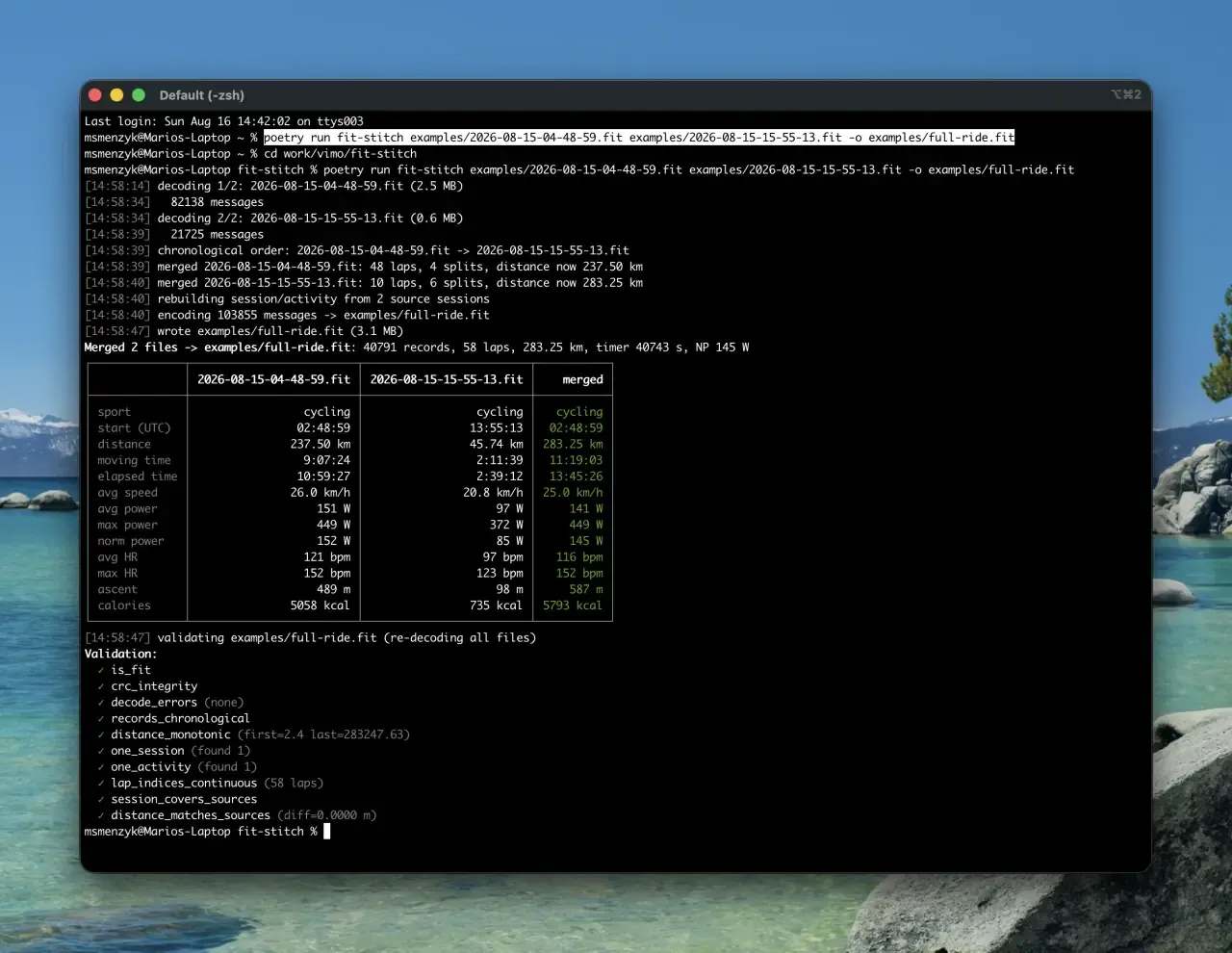 fit-stitch merging both ride files: a source-vs-merged comparison table and all validation checks green