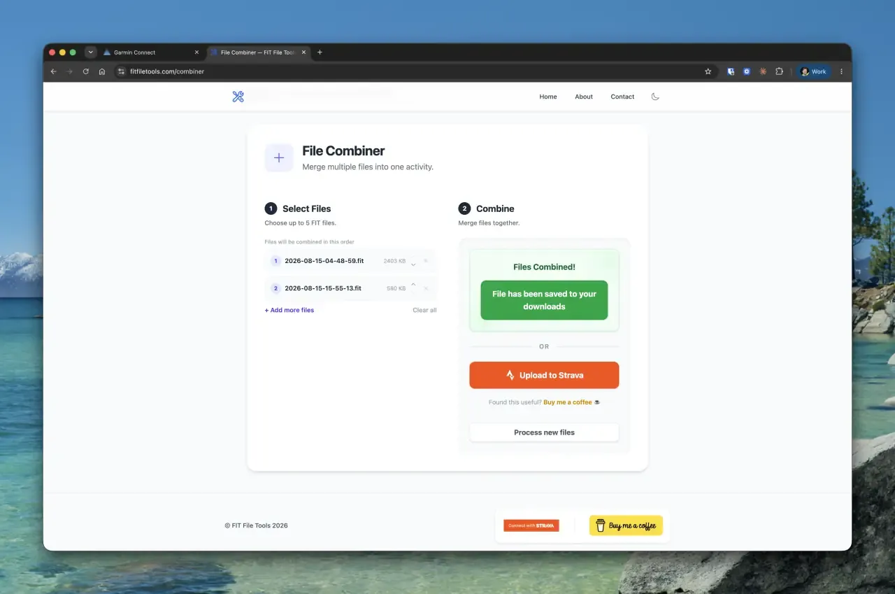 fitfiletools.com File Combiner showing both ride files combined
