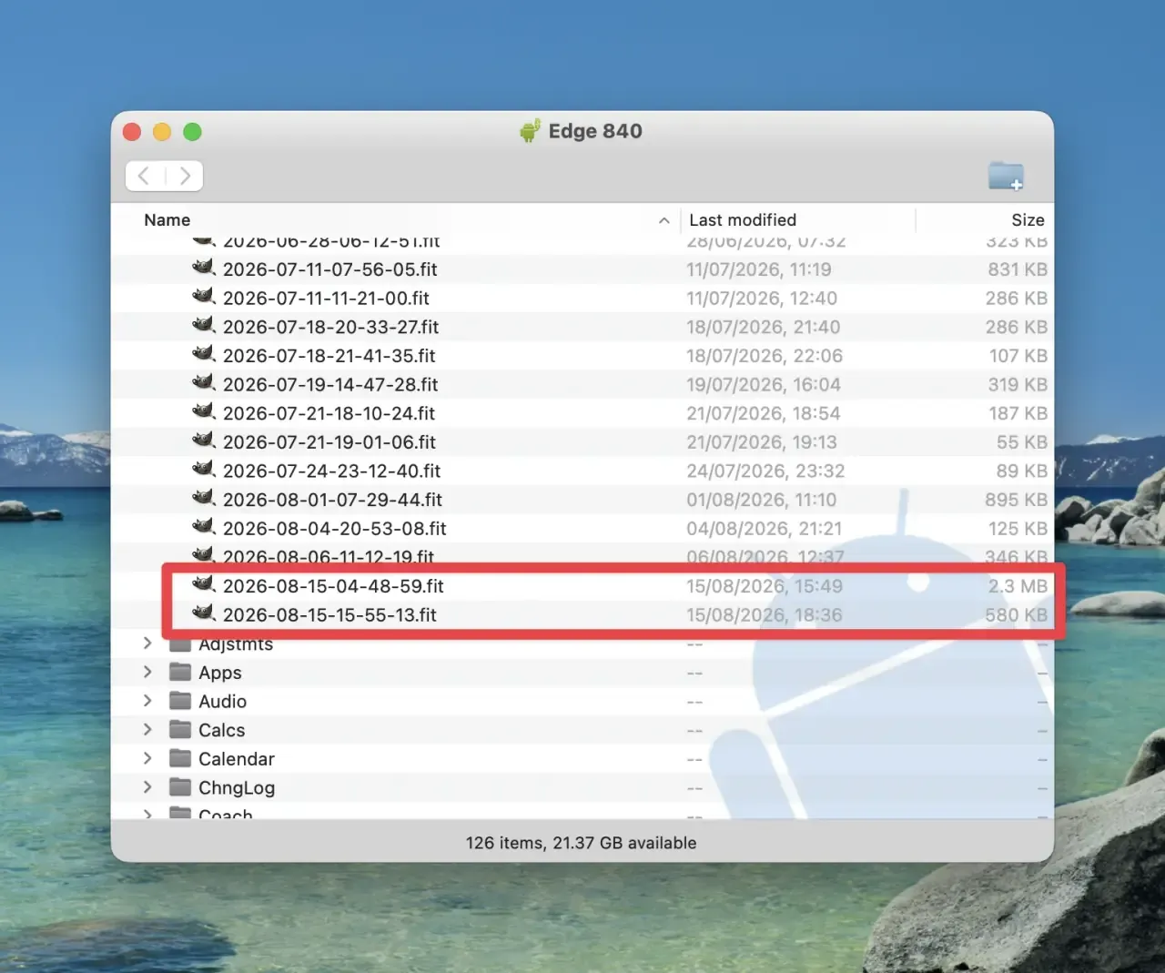 The Garmin Edge 840 file system with two FIT files from the same ride