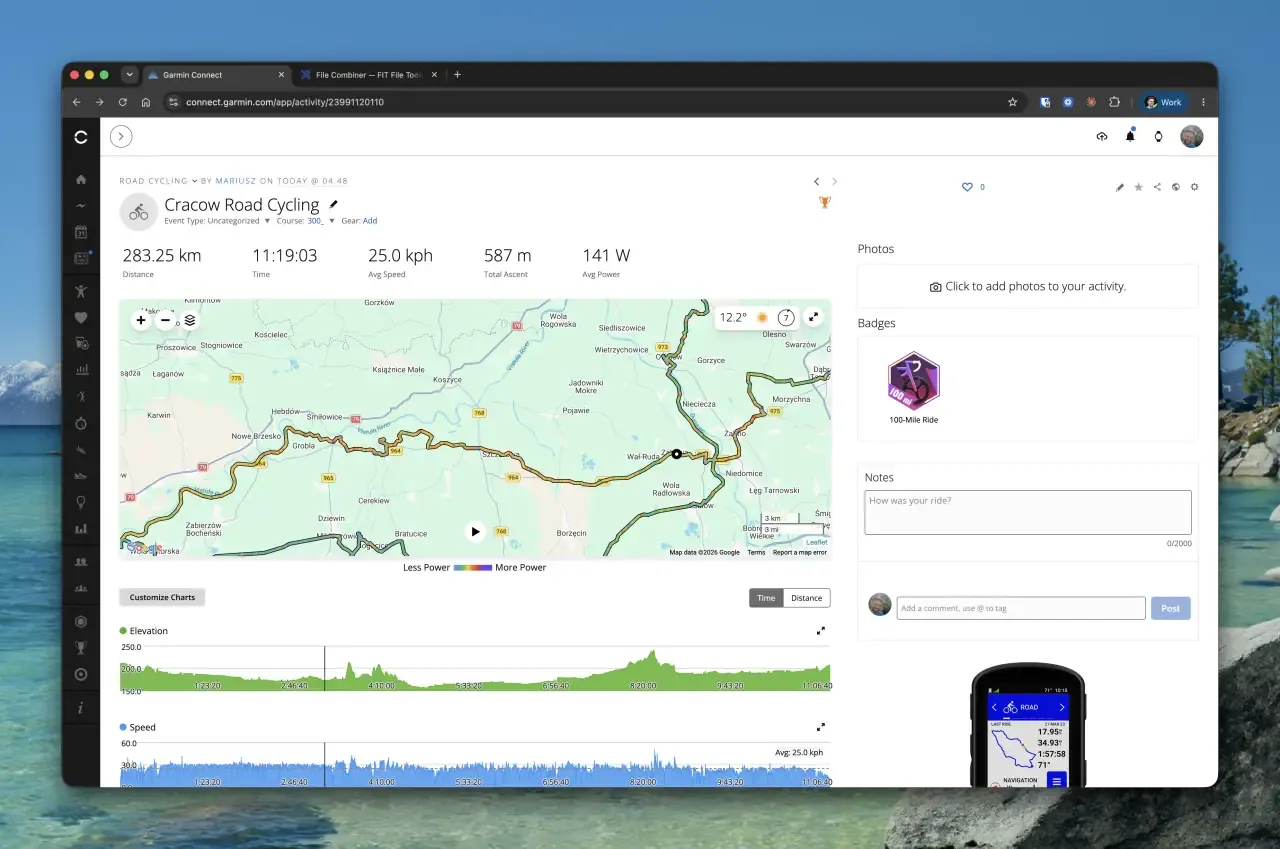 The merged 283 km activity in Garmin Connect with the 100-Mile Ride badge