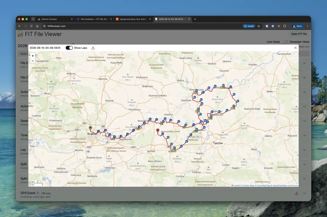 Route map of the first activity file: 237 km from Kraków along the Vistula