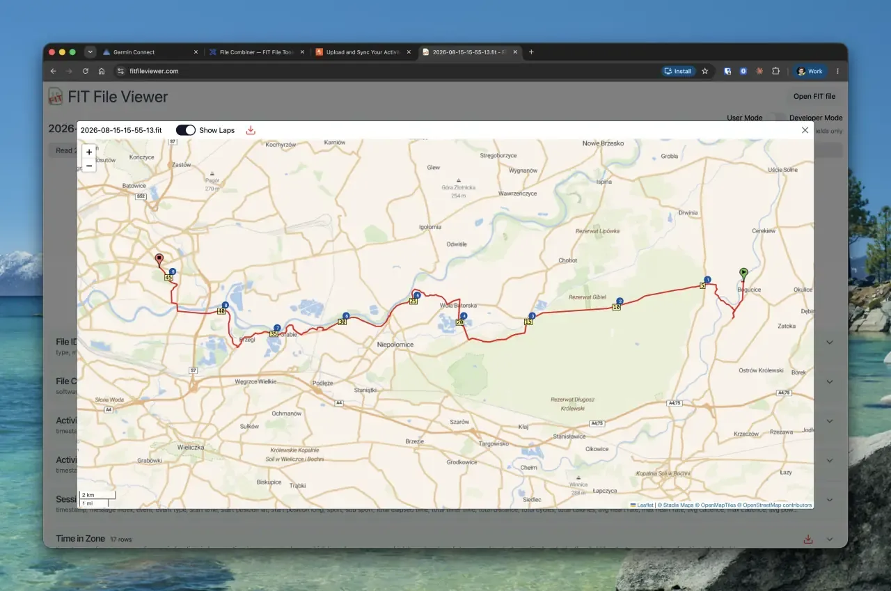 Route map of the second activity file: the 45 km return leg
