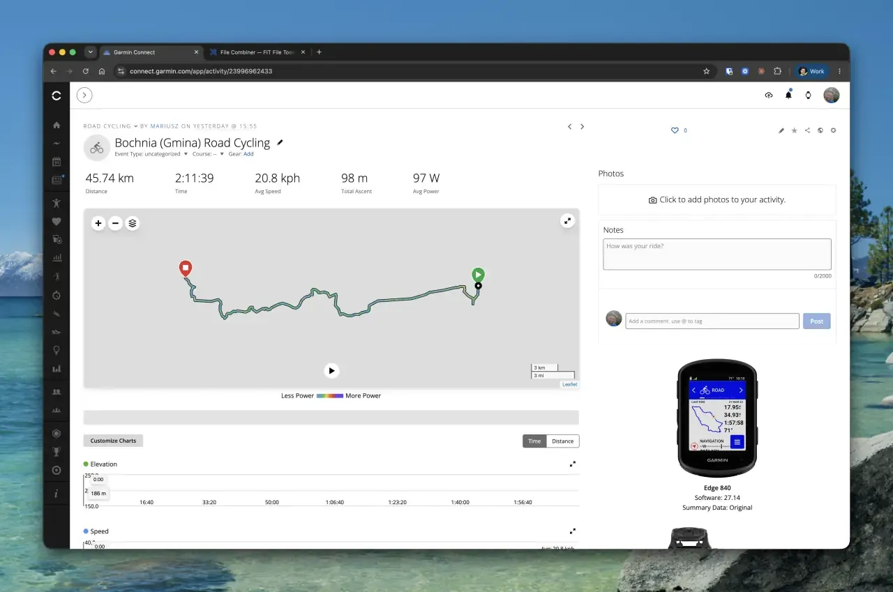 The second half in Garmin Connect: a separate 45.74 km activity