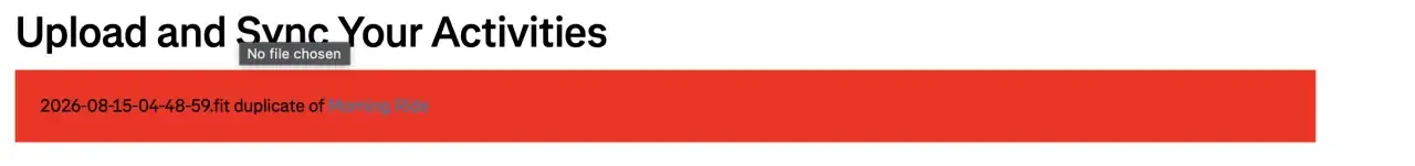 Strava rejecting the upload as a duplicate of the already-synced ride
