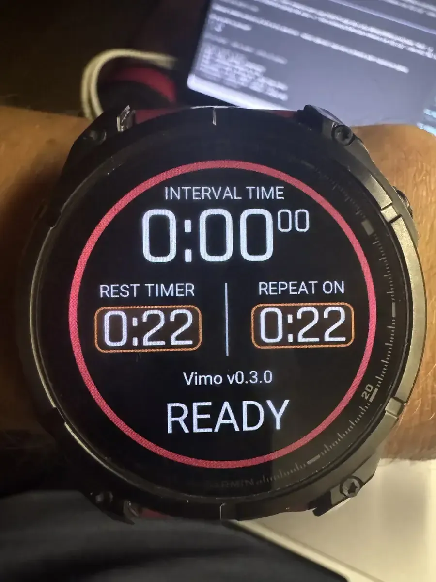 The Vimo Swim data field on a fenix showing READY - one press away from starting both devices