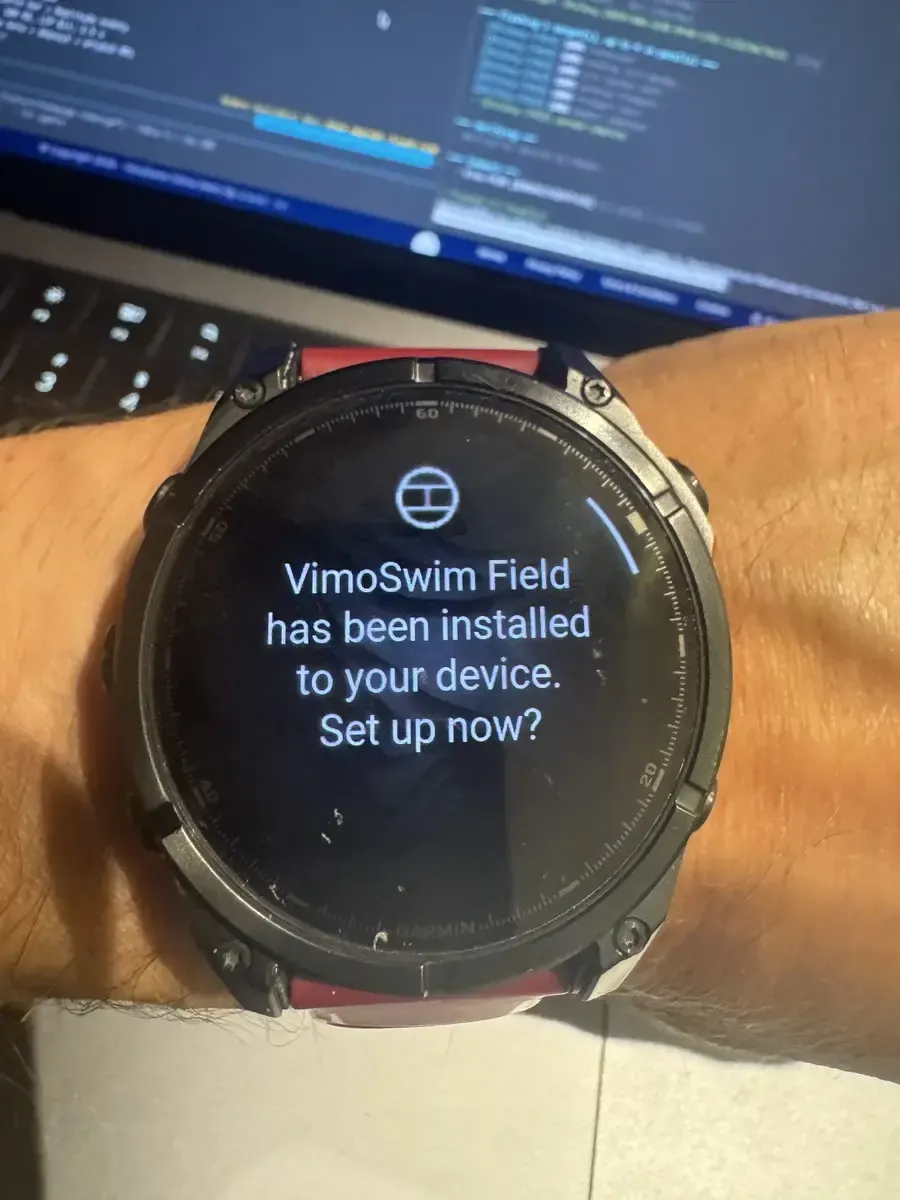 The install prompt on the watch right after adding the field from the Connect IQ Store