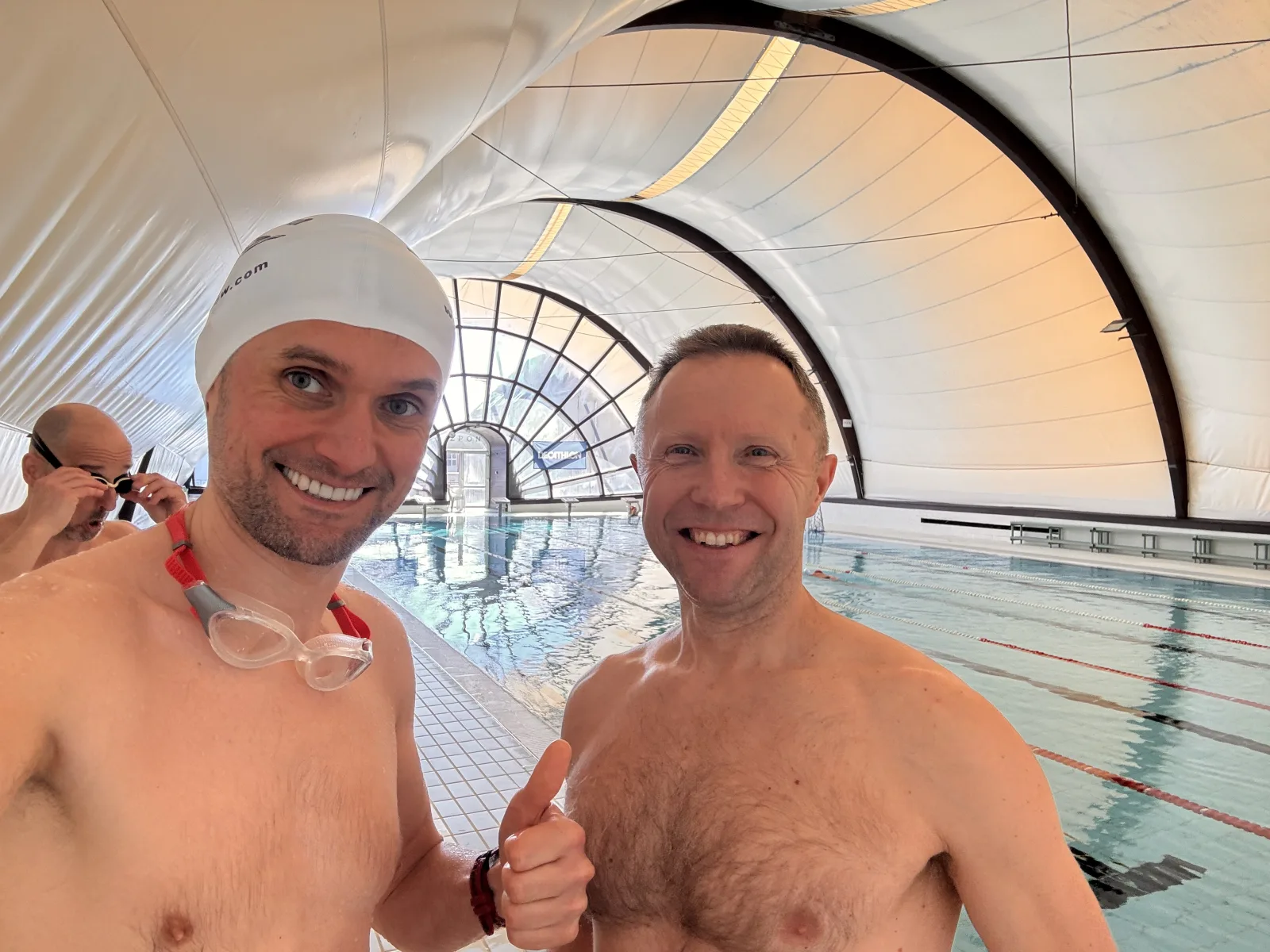 VimoSwim founders Maciek and Mariusz at the pool between training sets