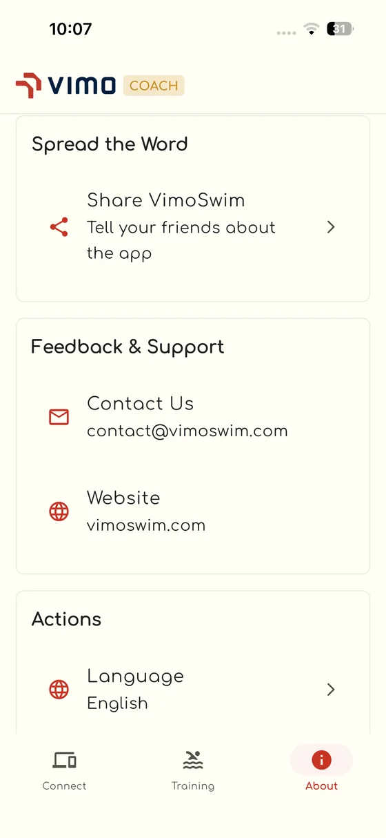 About screen with support contact, share and language options
