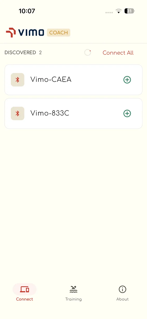 Vimo Coach Bluetooth device discovery screen listing nearby devices