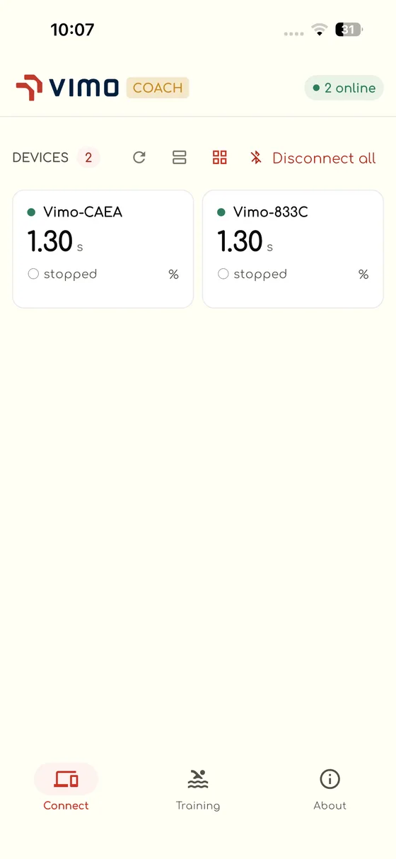 Vimo Coach group control screen with start all and stop all buttons