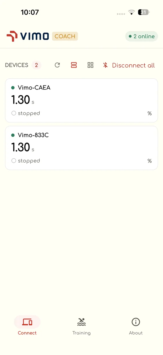 Connected devices shown in list view with tempo and status