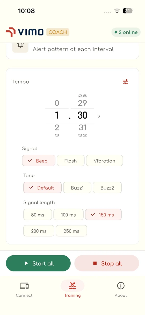 Vimo Coach signal settings with beep, flash and vibration options, tone and signal length