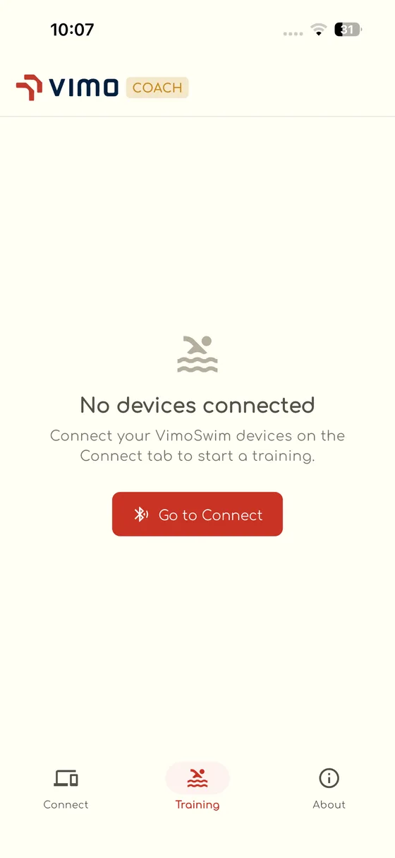 Training tab prompting to connect Vimo Swim devices