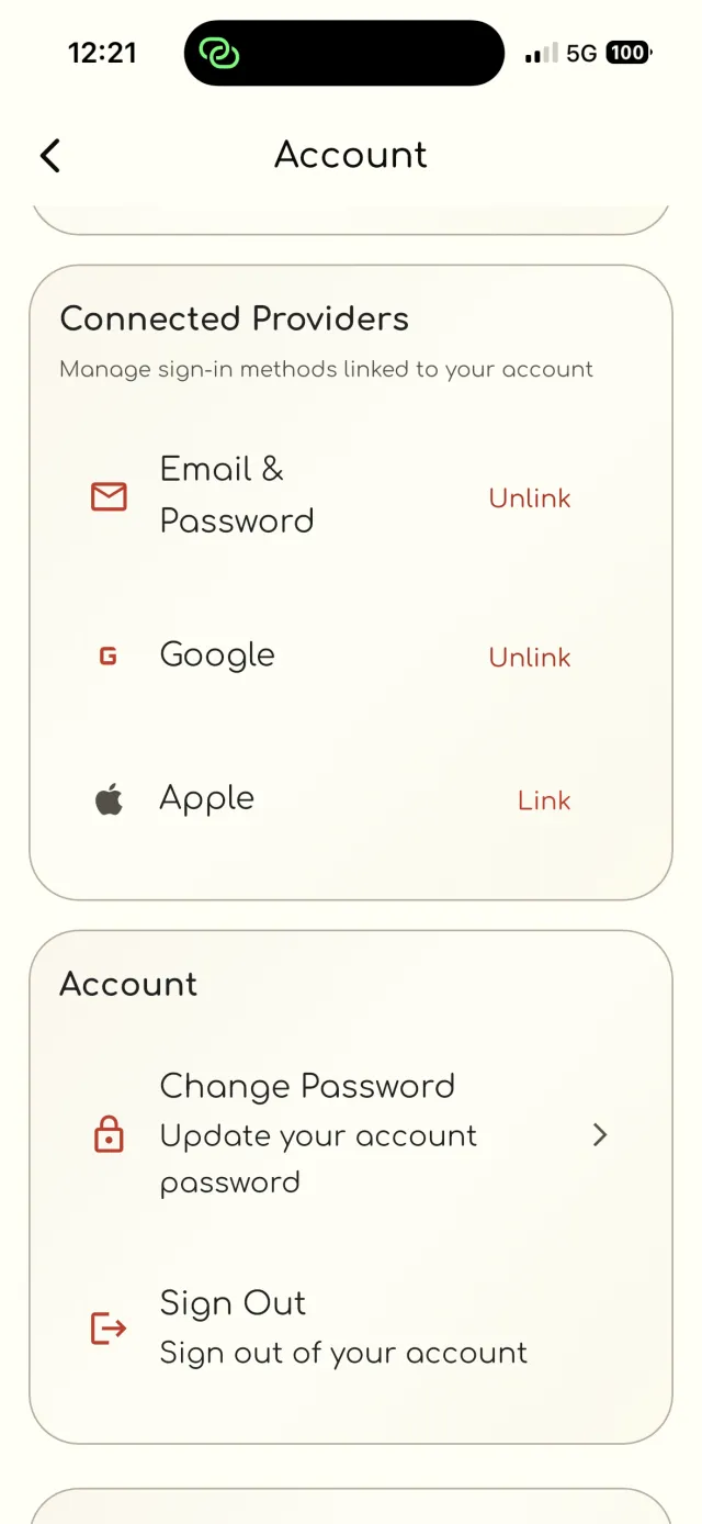 Account screen with connected providers and sign out