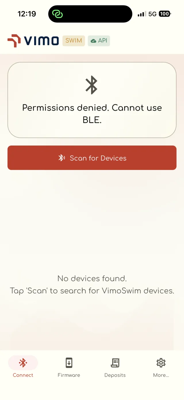VimoSwim Connect Bluetooth device scanning screen
