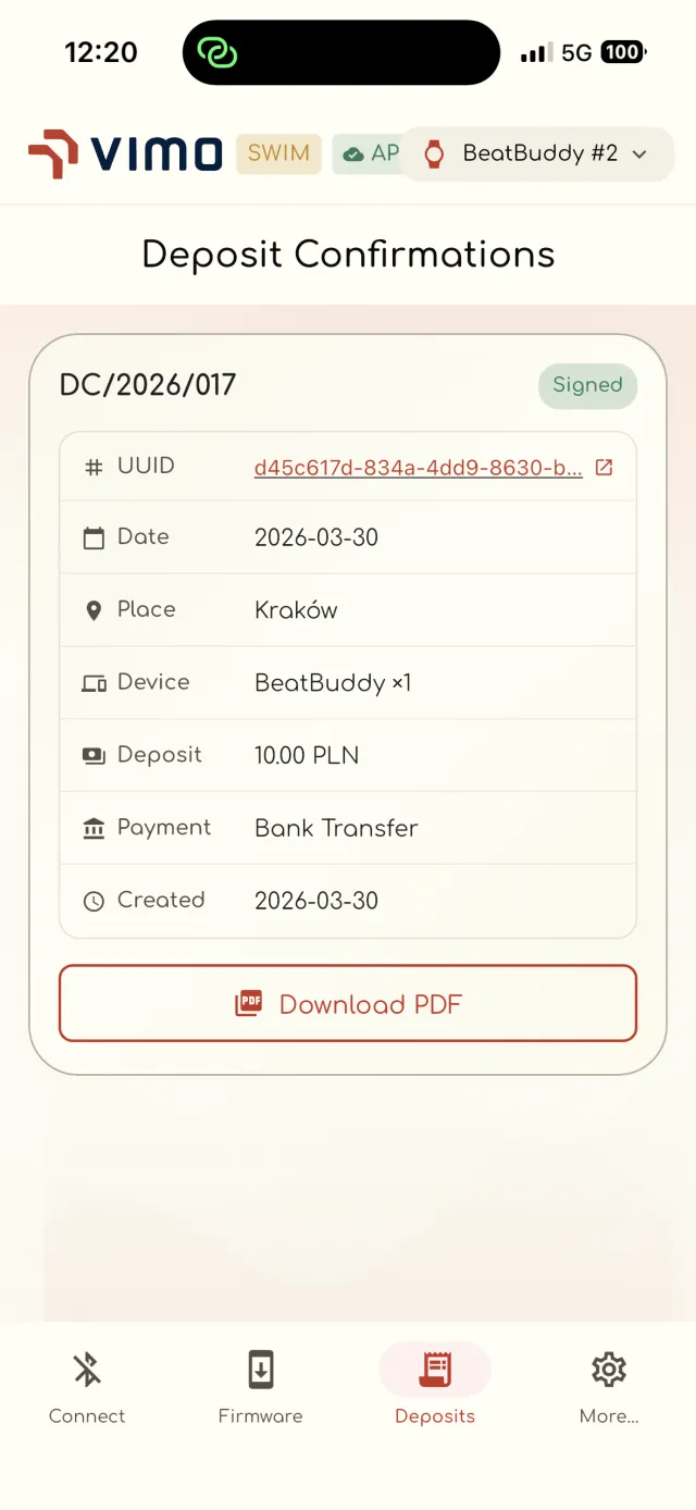 VimoSwim Connect deposit confirmation screen with downloadable PDF