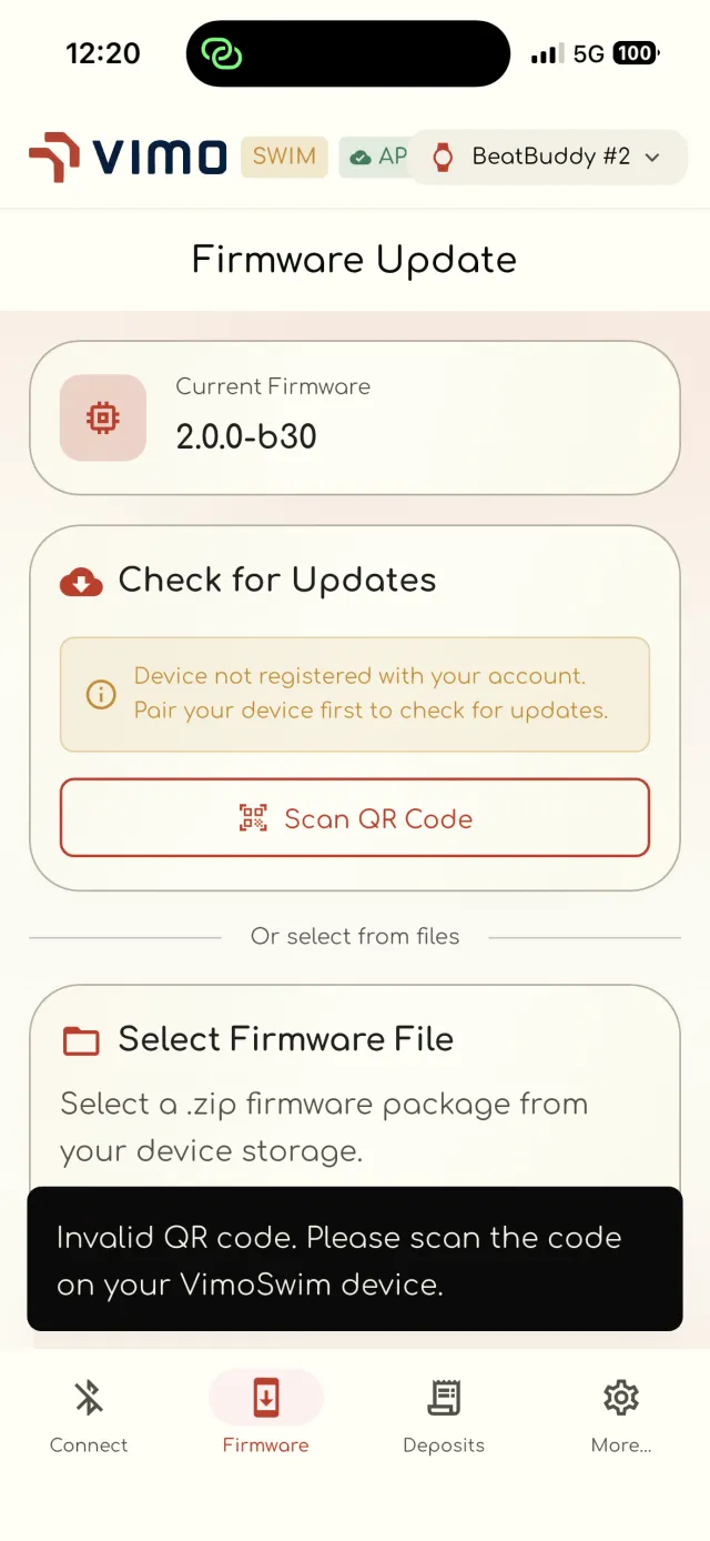 Firmware update QR scan validation message
