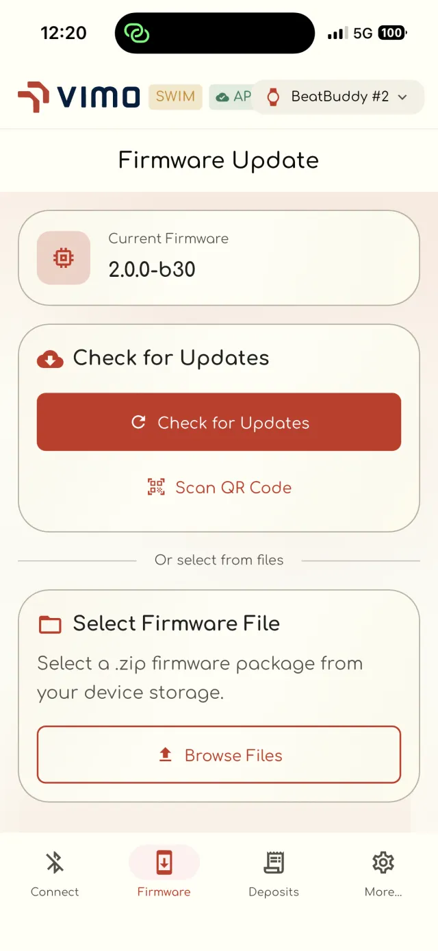 VimoSwim Connect firmware update screen with QR scan and file options