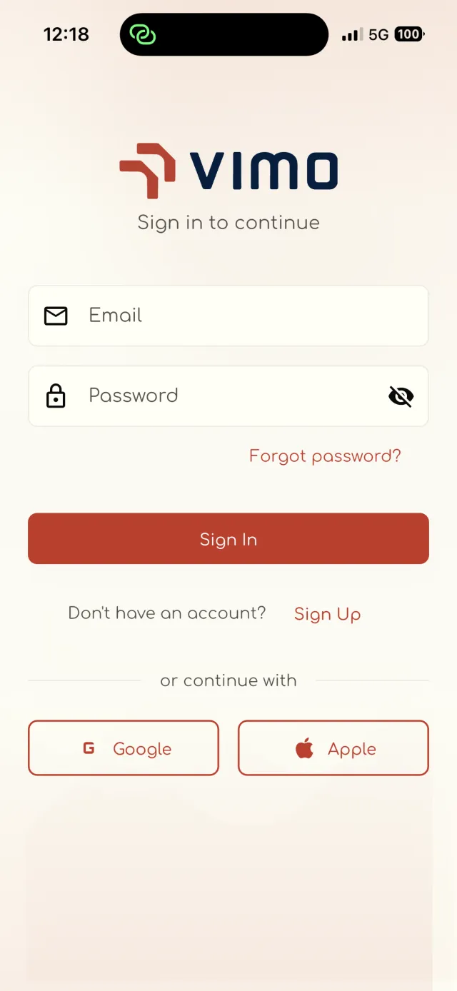 VimoSwim Connect sign-in screen with email, Google and Apple options