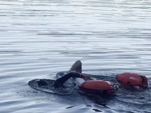 Camp clip: a swimmer with an orange tow float crossing the lake