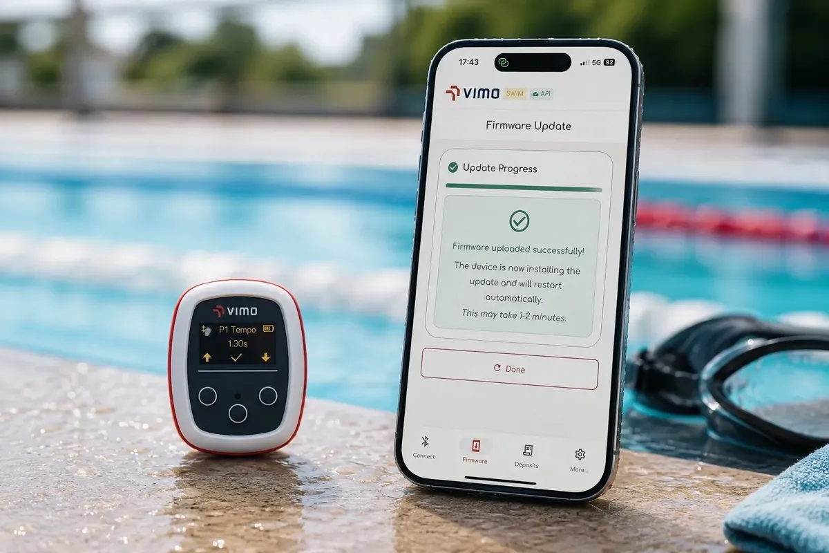 Vimo tempo trainer and the Vimo app on a phone at the pool edge, showing a firmware update
