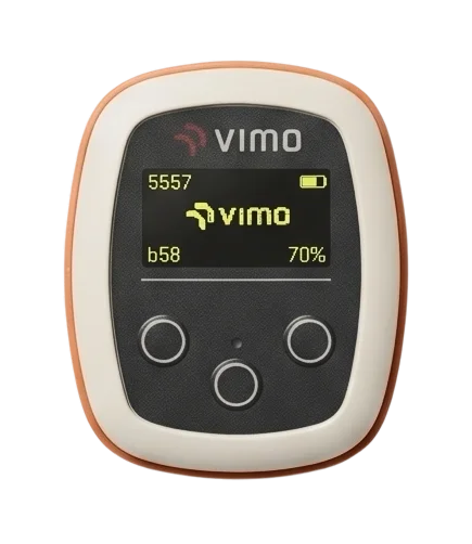 Vimo tempo trainer home screen with session counter and battery level on the OLED display