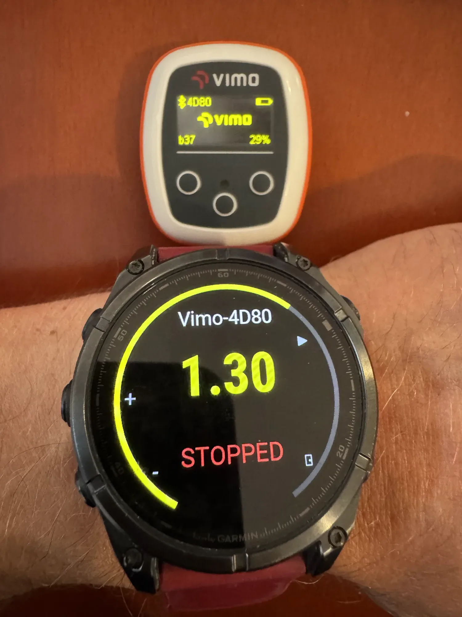 Garmin watch showing the tempo from a paired Vimo device