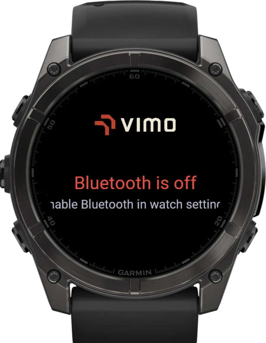 VimoSwim Garmin app error screen showing Bluetooth is off with instructions to enable it
