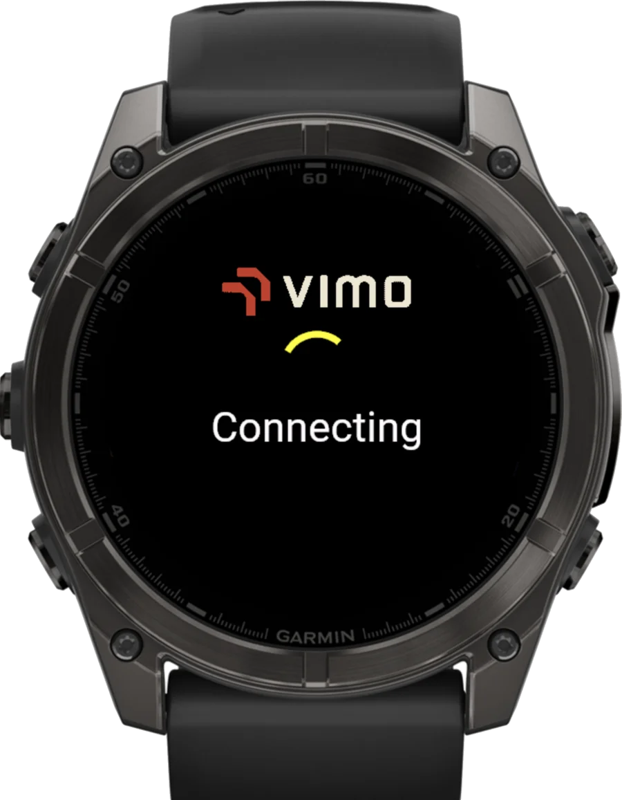 VimoSwim Garmin app connecting screen with Vimo logo and progress spinner on a Fenix 8