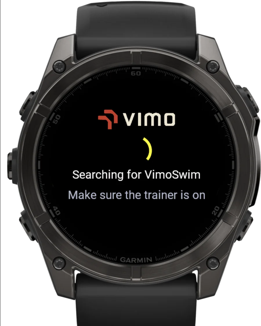 VimoSwim Garmin app searching screen with spinner and hint to make sure the trainer is on