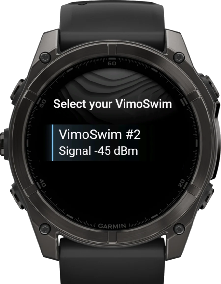 VimoSwim app on a Garmin Fenix 8 showing the Select your VimoSwim pairing screen with signal strength