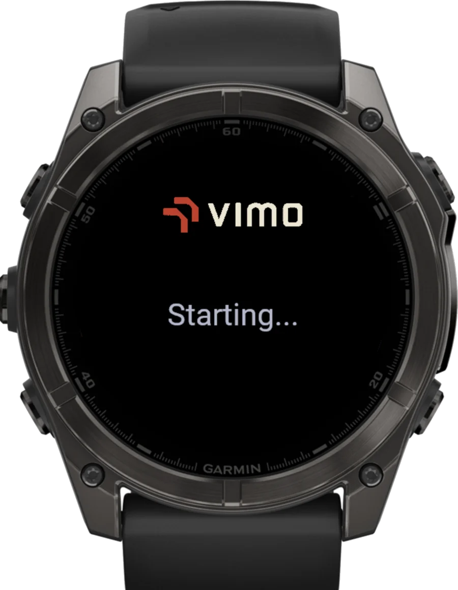 VimoSwim Garmin app splash screen with Vimo logo and Starting message on a Fenix 8